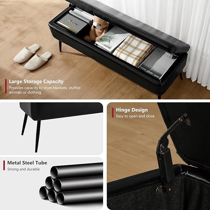 kinmars Leather Storage Ottoman Bench,End of Bed Bench for Living Room Bedroom Dinning Room Entryway,Mid-Century Modern, with Steel Legs,Safety Hinges, Loads 660 lb (Without Button, Black)