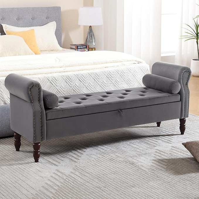 Storage Bench for Bedroom, 67" End of Bed Bench King Size, Velvet Bedroom Bench with Storage, Upholstered Tufted Storage Ottoman Benches with Arms for Living Room, Entryway, Dark Grey