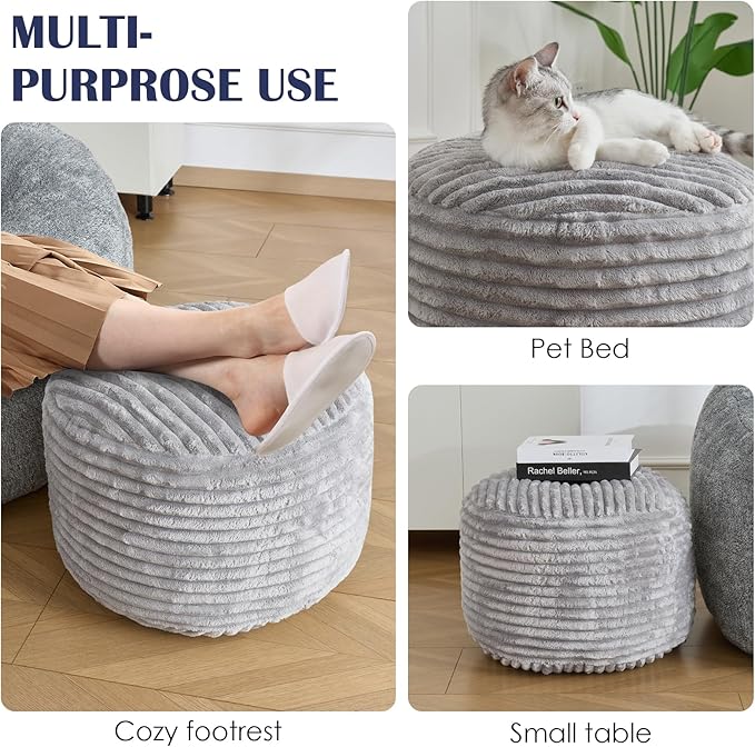 SHOUREN Stuffed Round Pouf Ottoman,Corduroy Foot Rest with Shredded Foam Filling, Lightweight and Fluffy Pouf Storage Ottoman for Living Room,Floor Poufs for Couch,20"x15", Light Grey