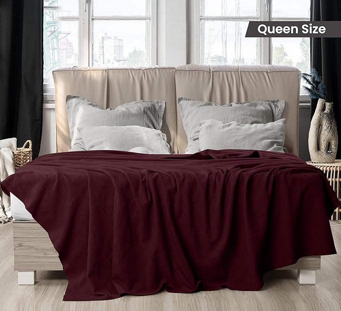 Utopia Bedding 100% Cotton Thermal Blanket Burgundy Queen Size Soft, Lightweight, Breathable, Cozy Spring and Summer Blankets for Bed, Home Room Decor Gifts for Women and Men (90x90 Inches)