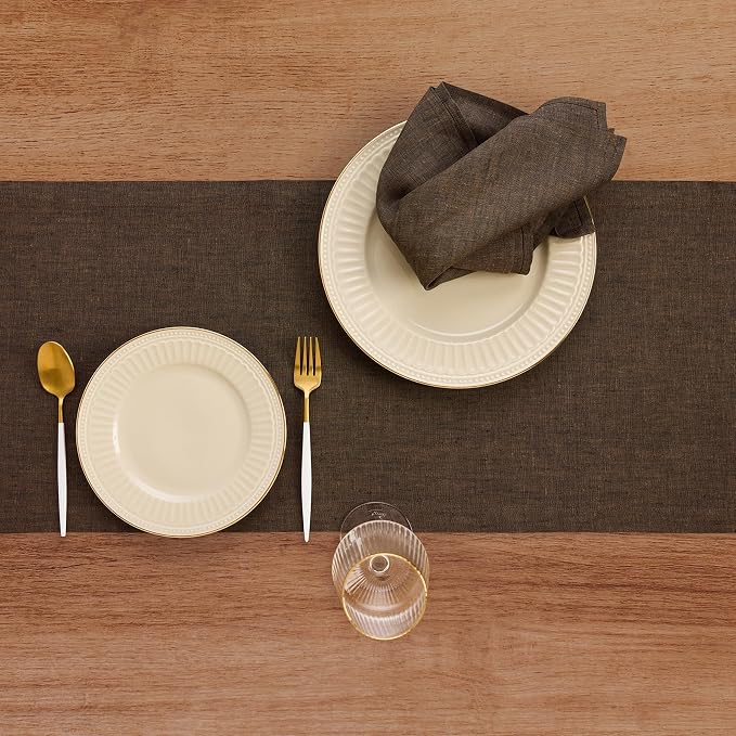 Solino Home Linen Chambray Brown Table Runner 144 Inches Long - Athena, 100% Pure Linen Dining Table Runner 14 x 144 Inch - Handcrafted and Machine Washable