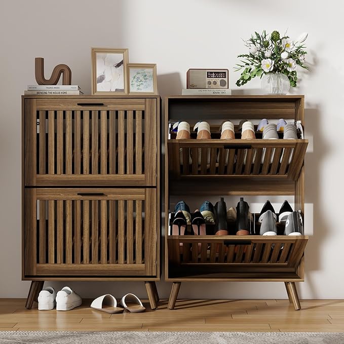 Spaco Walnut Shoe Cabinet for Entryway,Narrow Shoe Storage Cabinet with 2 Flip Drawer and Solid Wood Leg,Freestanding Slim Shoe Organizer for Entryway, Hallway