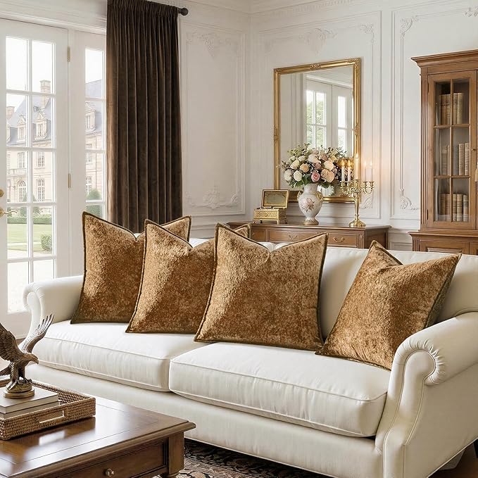 a moment Throw Pillow Covers 22X22 Inch 4 Packs,Soft Velvet Decorative Pillow Cases with 3D Ice Flower,Texture Modern Accent Cushion Covers for Sofa Couch Home Decor Golden Brown