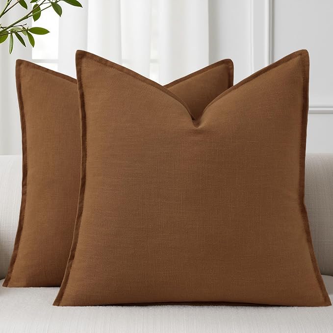 decorUhome Fall Decorative Linen Euro Sham Throw Pillow Covers 26x26 Inch Set of 2 Brick Neutral Pillow Covers with Flange Edges Soft Farmhouse Boho Accent Pillow Cases for Couch Bed Living Room