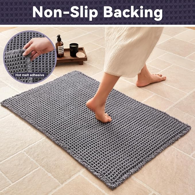 Triohero Waffle Bath Mat, Boho Bathroom Rugs Non Slip Washable, Ultra Soft Super Absorbent Quick Dry Farmhouse Bathroom Decor, 24" x 48", Dark Grey