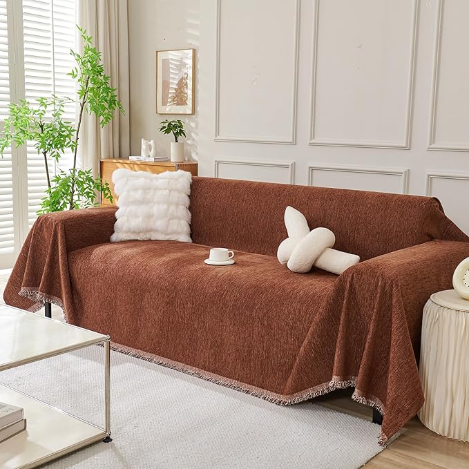 DREAMINGO Sofa Covers for 3 Cushion Couch Chenille Couch Cover Blanket Minimalism Style Furniture Protector Living Room Sectional Couch Covers Washable Chocolate Brown, 71"x134"