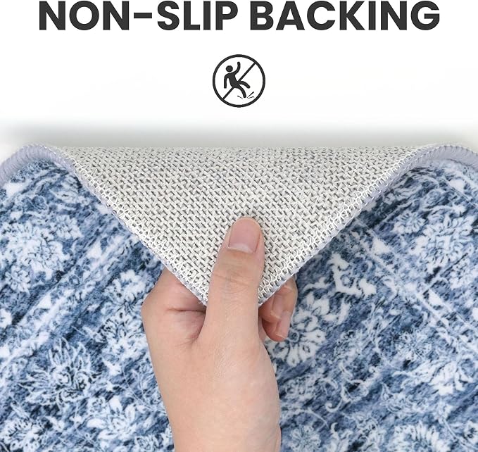 SIILOOM 3x10 Washable Runner Rug for Kitchen, Blue Soft Classic Runner with Non-Slip, Non-Shedding Distressed Floral Rug for Hallways Entryway Bedroom Bathroom Laundry Indoor