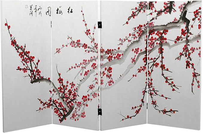 Red Lantern 3 ft. Short Double Sided Plum Blossom Canvas Room Divider 4 Panel Freestanding Folding Privacy Screen Partition and Separator for Modern and Contemporary Bedroom Home Office Studio Dorm
