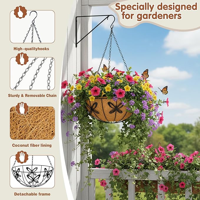 14 inch Metal Hanging Baskets For Plants Outdoor 4 Pack Round Metal Wire Hanging Basket Planter with Coco Fiber Liners Chain Round Wire Plant Holder for Garden, Patio, Deck, Porch Plants Flower Potss