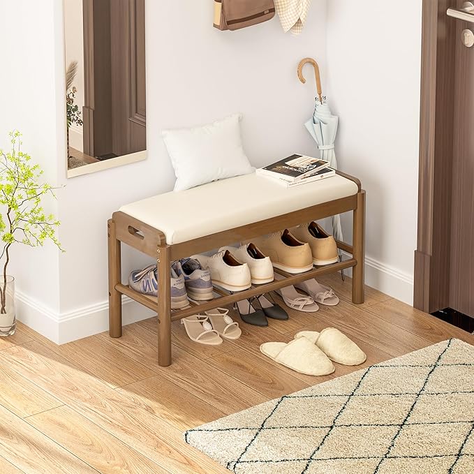 Shoe Storage Bench with Cushion - 2 Tier Shoe Rack for Front Door Entrance, Wood Shoes Rack, Entryway Bench with Shoes Storage for Closet,Hallway,Bedroom&Living Room(Walnut, 31.5" W)