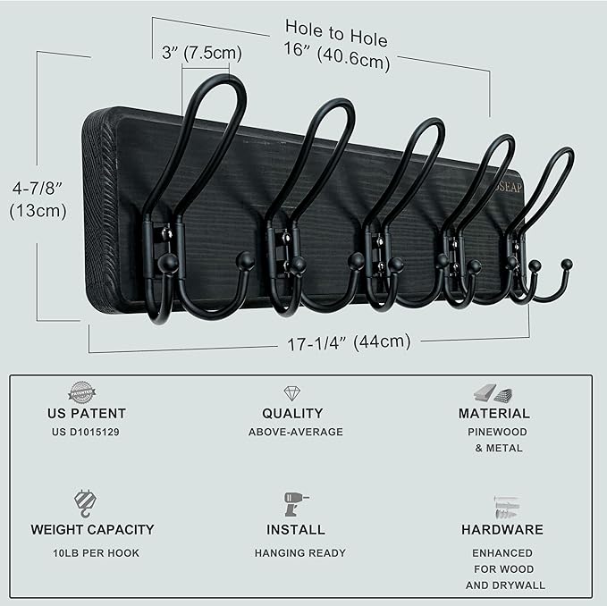 Dseap Coat Rack Wall Mounted - Heavy Duty Farmhouse Rustic Wall Coat Hanger with 5 Wire Hooks for Clothes Hat Jacket Towel, RusticWire, J1-5A, Black, Pack of 2