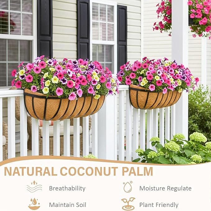 Window Box Railing Planter with Coco Liner 4 Pack 16 Inch Metal Hanging Flower Planter Deck Railing Planters Boxes for Balcony Outdoor Plants Fence Porch Patio