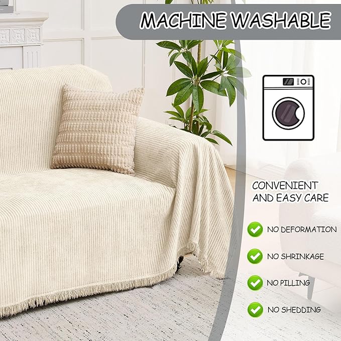 LOMAO Couch Cover Sofa Covers for 3 Cushion Sectional Couch Covers L Shape Couch Cover with Tassel Sofa Protector Washable Reversible Chenille Sofa Slipcover for Pet (Beige,XLarge（71 * 134)