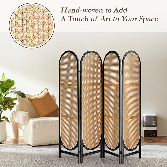Hand-Woven Rattan Room Dividers Panel, 4 Panels Wood Room Divider and Folding Privacy Screens, Room Divider Wall Freestanding Room Partitions Screen for Home Office Bedroom, Black