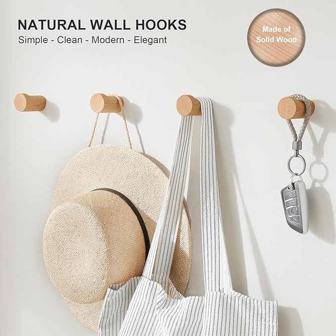 Wood Wall Hooks for Hanging, 4 Pack Rustic Coat Hooks Wall Mount, Handmade Wooden Pegs Hat Hook, Entryway Walls Hanger for Coat Purse, Boho Bathroom Towel Rack (Beech Wood)