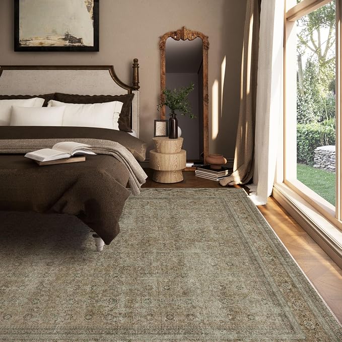 Washable Area Rugs for Living Room: 8x10 Bedroom Rug Boho Vintage Rugs Stain Resistant Non Slip Low Pile Lightweight Soft Carpets for Dining Room Kitchen Nursery Kids Room Farmhouse Living Room
