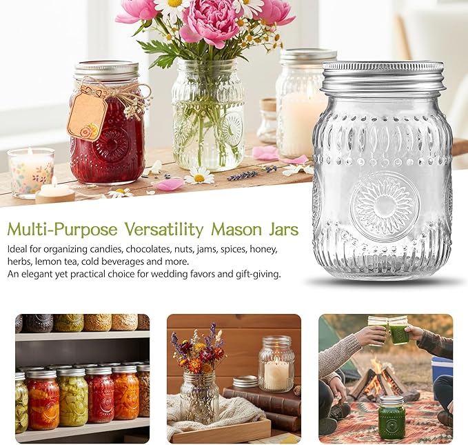 16oz Glass Mason Jars with Embossed Pattern, 15-Pack Pint Canning Jars with Airtight Lids for Fermenting,Overnight Oats,Pickling,Preserving,Ideal for Centerpieces,DIY Crafts,or Wedding Favors