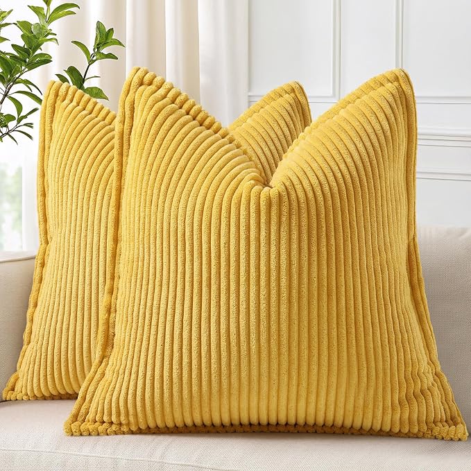 decorUhome Summer Corduroy Mustard Yellow Throw Pillow Covers 18x18 Set of 2 Decorative Soft Boho Farmhouse Couch Pillow Covers for Living Room Bed Sofa Broadside Striped Pillow Cases