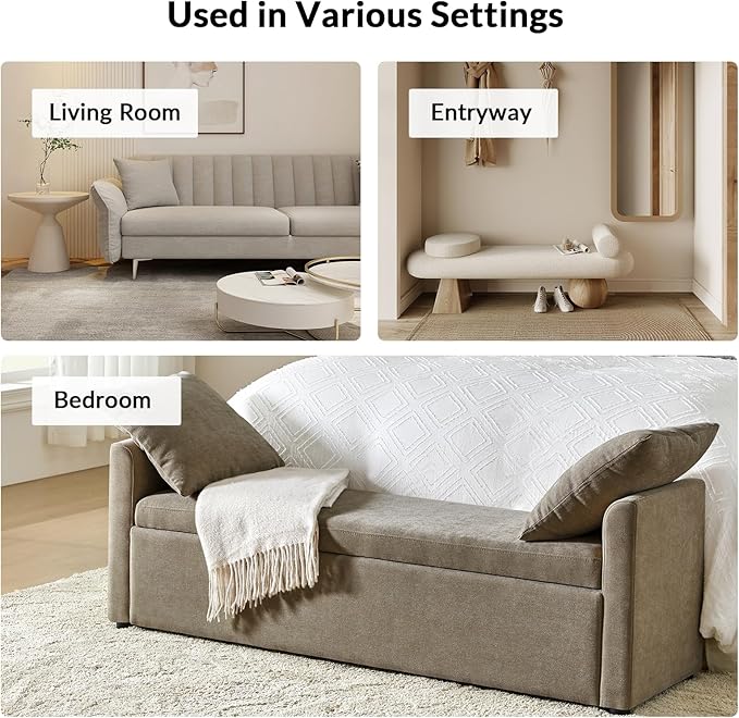 59.5" Modern Storage Ottoman Bedroom Bench, End of Bed Bench with Throw Pillows and Arms, Footrest Stool for Living Room, Dining Room, Entryway and Hallway, Brown