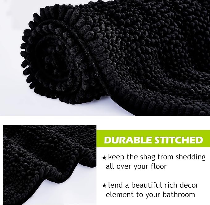 KGORGE Non Skid Bathroom Rugs - Easy Wash Absorbent Thick Shaggy Quick Dry Dirt Resistance Floor Mats for Kitchen Shower Tub Black Small Bath Mat, 20" W x 32" L, 1Pc