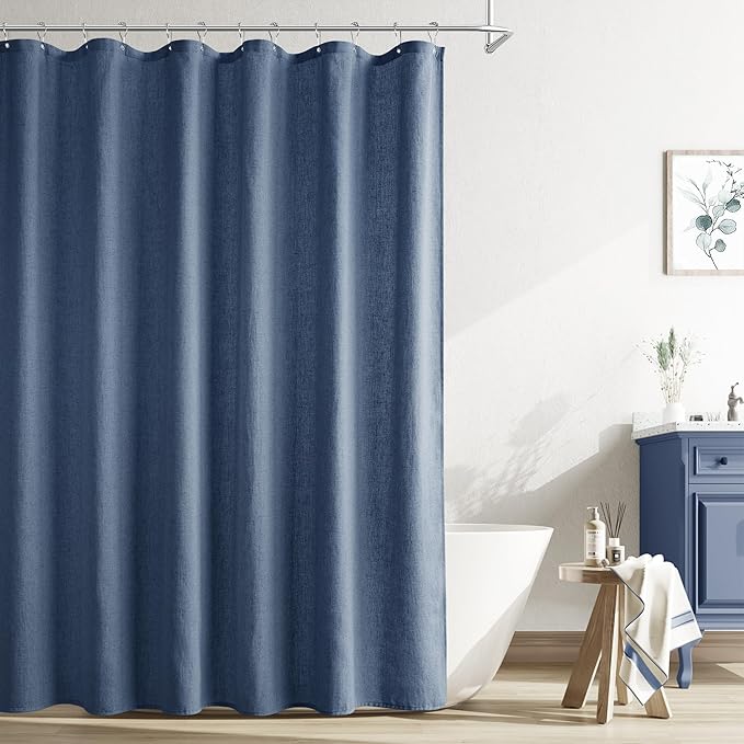 Naturoom Vintage Blue Linen Shower Curtain, Country Boho Farmhouse Bath Decor Shower Curtains Neutral Cloth Weighted Textured Fabric Bath Curtain Liner with Hooks, 72x72