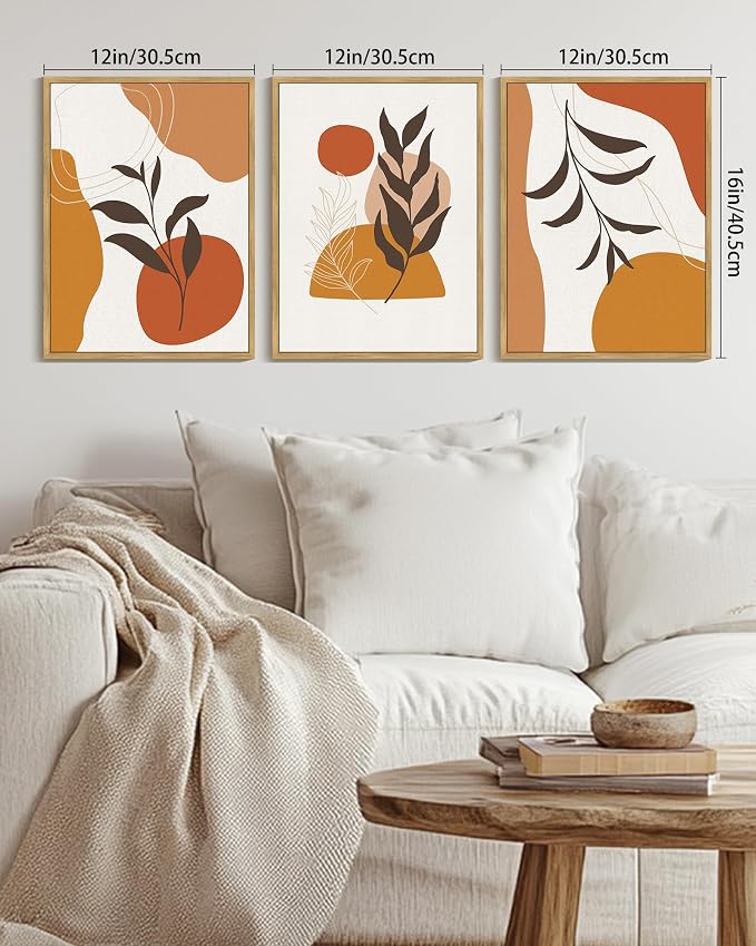 KUVIOKE Boho Wall Art Framed Canvas Botanical Mid Century Modern Wall Printing Orange Neutral Abstract Geometric Prints Bohemain Sage Decor for Farmhouse Living Dining Room 12x16in (Natural Framed)