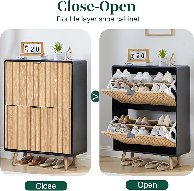 FurSch Narrow Shoe Cabinet Storage for Entryway,Slim Shoe Cabinet with 2 Flip Drawers, Fluted Shoes Rack Organizer (Natural with Black, 2 Drawers)