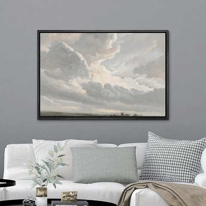 MUDECOR Framed Canvas Print Wall Art Stormy Sky Landscape Dramatic Cloudscape in Soft Neutrals Illustrations Digital Art Decorative Bohemian Contemporary for Bedroom - 24"x36" Black