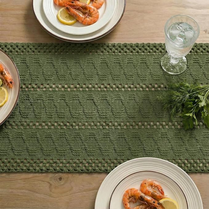 Artoid Mode Army Green Farmhouse Woven Rustic Hollow Table Runner, Seasonal Holiday Hollow Kitchen Dining Table Decoration for Home Party Decor 12x60 Inch