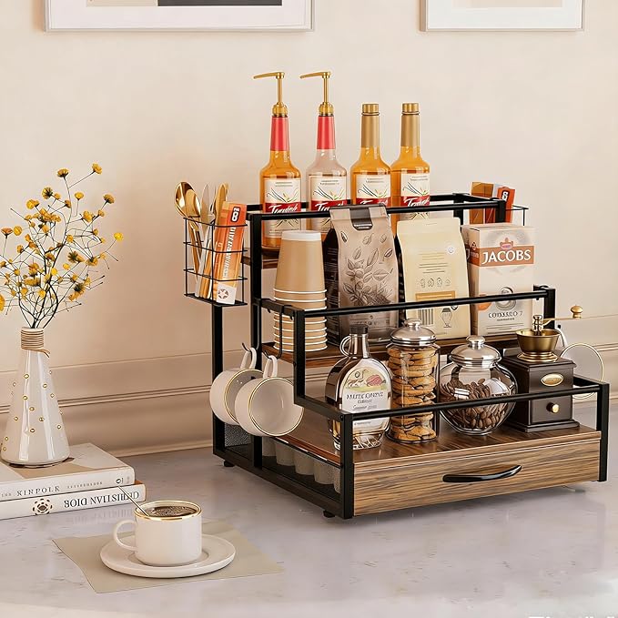 Countertop Coffee Syrup Rack Organizer, 4-Tier Wooden Holder Stand with 36 K Cup Storage Drawer for Coffee Bar Accessories,Condiment Storage Shelves for Kitchen,Home,Office,Restaurant