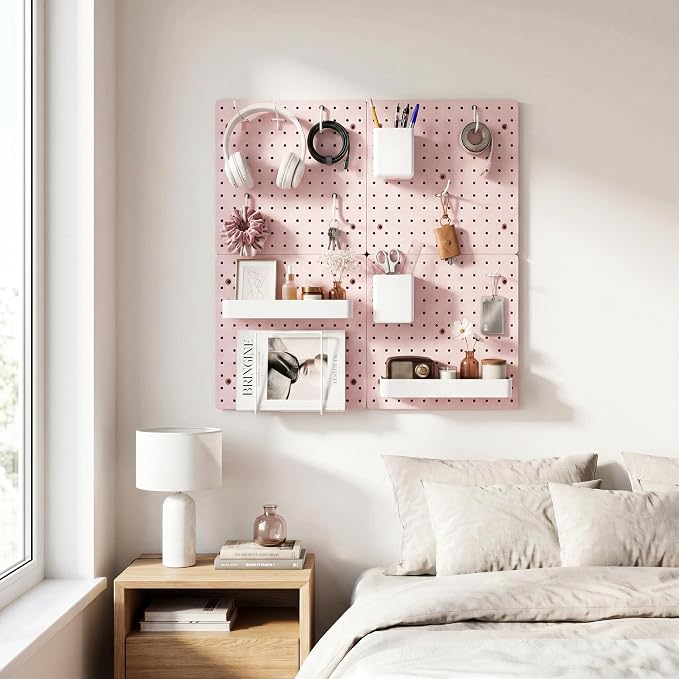 FZK Pink Peg Board Wall Organizer, 12" x 12" Modular Plastic Pegboard Display Panels for Office, Bedroom & Home Decor, Wall Mount Storage Kit with Hooks & Shelves (4 Panels)