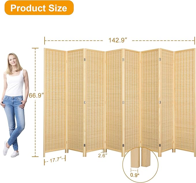 8 Panel Bamboo Room Divider Screen, Folding Privacy Screens for Room Separation, 66.9 Inch Freestanding Room Divider for Home, Bedroom and Office, Assembly-Free, Natural