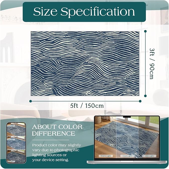 3x5 Modern Entry Rug - Small Washable Indoor Outdoor Mats for Front Door Non-Slip Porch Rug Blue White Ocean Wave Striped Throw Rugs for Living Room Bedroom Entryway Kitchen Office Porch Decor