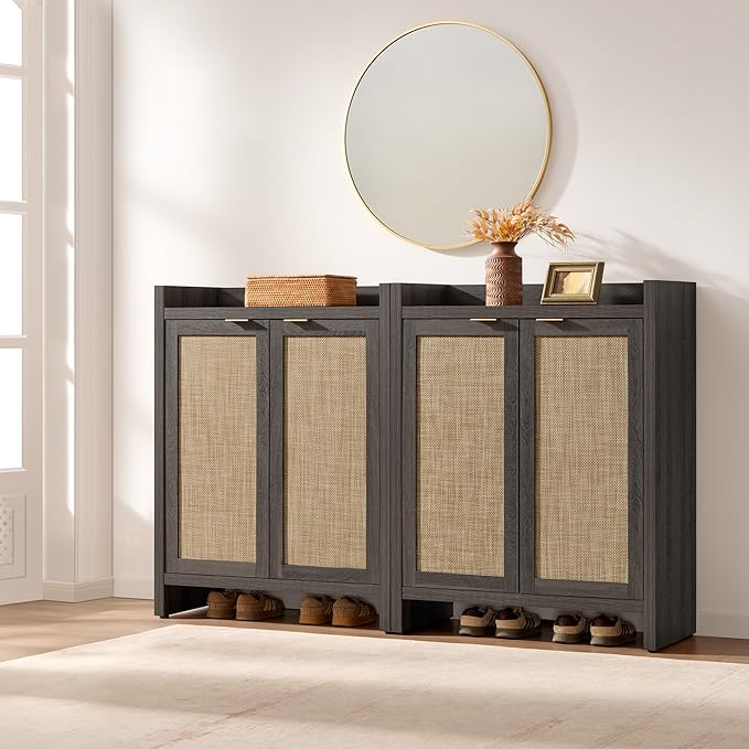 SICOTAS 41" Tall Shoe Cabinet, 24 Pair Shoe Storage Cabinet with Doors and 6-Tier Shelves, Rattan Shoe Cabinet Storage for Entryway, Farmhouse Boho Wooden Cabinet for Hallway, Black Oak