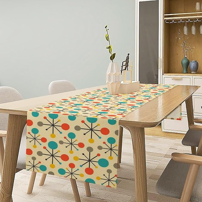 Mid Century Table Runner, Modern Atomic Pattern Absctract Geometric Retro 1950S 1960S Dinner Runner for Home Kitchen Dining Table Decoration 13x60 Inch