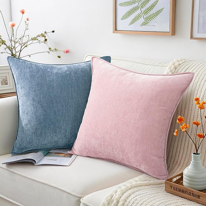 decorUhome Summer Couch Euro Sham Throw Pillow Covers 22x22 Set of 2, Decorative Soft Velvet Modern Cozy Chenille Pillow Cases with Elegant Design for Sofa Bed Living Room Home Decor, Blue Grey