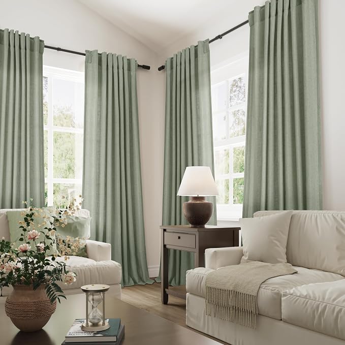 Joywell Sage Green Linen Curtains 96 Inches Long for Living Room Soft Linen Window Drapes Semi Sheer Light Filtering Back Tab Rod Pocket Pleated Spring Sage Green Room Decor Set of 2 Panels 52x96