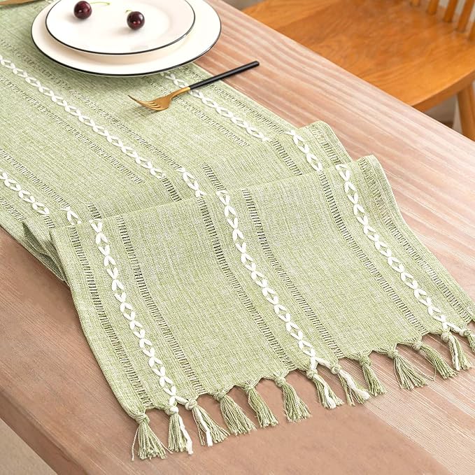 Table Runner, Rustic Farmhouse Linen Waterproof Table Runners for Holiday Party, Dresser Decor and Dining Room Decorations-Sage Green-14"x108", 8-10 Seats