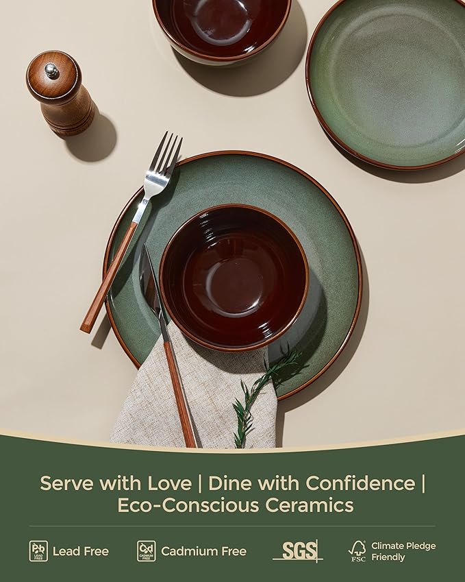 Pokini Stoneware Dinnerware Sets, Ceramic Plates and Bowls Set, Microwave & Dishwasher Safe Kitchen Dishes, Modern Dinner Salad Plates | Cereal Bowls, Dishware Sets Service for 4 Sage Green