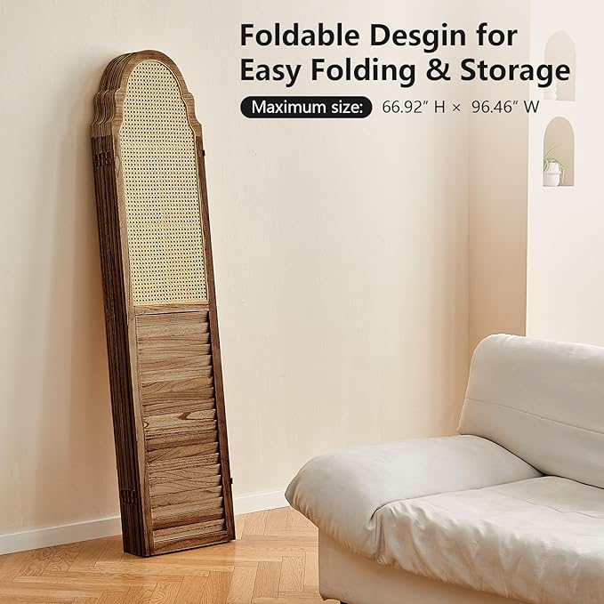 Wood Room Divider 6 Panel, Folding Privacy Screen, Rattan Room Divider Wall, Foldable Wood Divider Panel, Separate Portable Partition Screen Divider for Room Separation Bedroom Garden (Brown)
