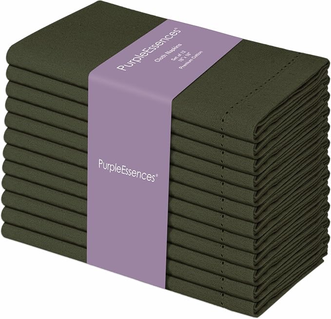 PurpleEssences Set of 12 Hemstitch Cloth Dinner Napkins 100% Cotton - Soft Durable Washable - Ideal for Wedding Spring Easter Summer - Perfect Everyday Use Table Linen 18x18 - Olive Green