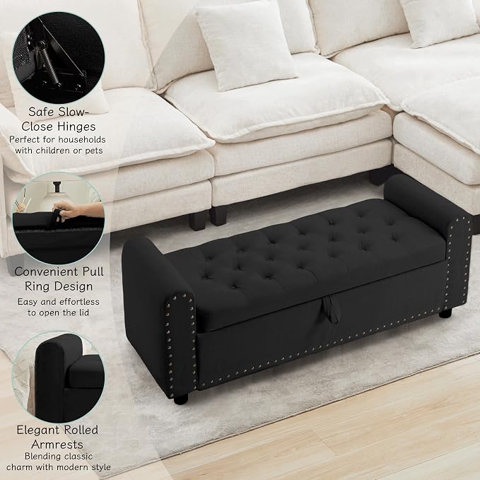 Ottoman with Storage, Tufted Storage Bench for Bedroom, 48" Fabrics End of Bed Bench, Upholstered Entryway Shoe Benches with Rolled Arm & Inner Zipper, Window Ottomans Chest with Rivets, Black