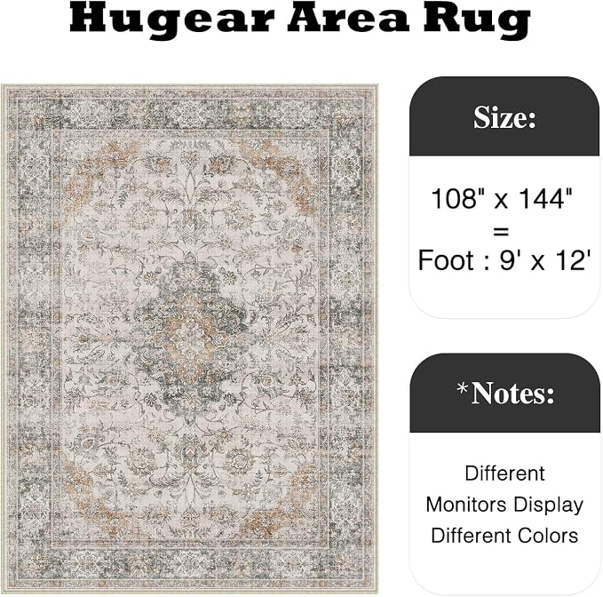 HUGEAR Retro Taupe Green Area Rug 9x12 Machine Washable Living Room Rugs Distressed Vintage Floral Low Pile Carpet Bedroom Office Dining Room Laundry Room Non Slip Soft Lightweight
