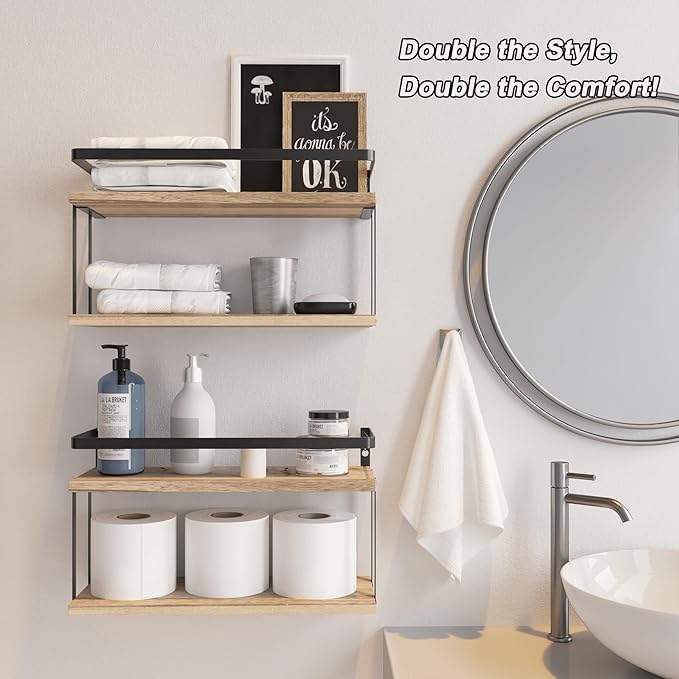 RICHER HOUSE Dual-Level Guardrail Floating Shelves, Rustic Wood Shelf Wall Mounted, Over Toilet Paper Storage Shelf for Bathroom Wall Decor, Bathroom Organizers and Kitchen Storage - Rustic Wood