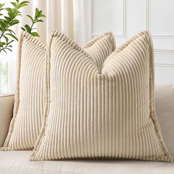 decorUhome Summer Corduroy Beige Euro Sham Throw Pillow Covers 24x24 Set of 2 Decorative Soft Boho Farmhouse Couch Pillow Covers for Living Room Bed Sofa Broadside Striped Pillow Cases