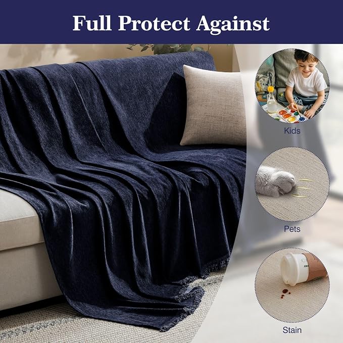 MaymissCouch Cover for Dogs Sectional Sofa Covers Washable for 3 Cushion Couch, Chenille Couch Cover Blanket, Sectional Sofa Slipcovers, Multi-Use Furniture Protector for Kids, Pets, 71" X150", Navy