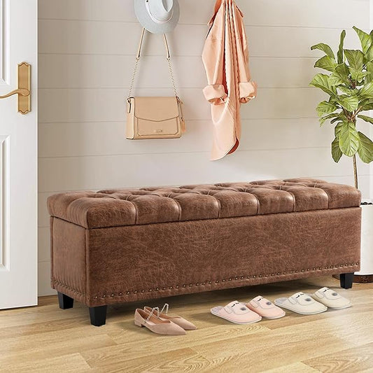 End of Bed Storage Bench - 51" Tufted Rectangular Ottoman Storage Benches - Large Bedroom Ottoman Bench with Storage Foot of Bed for Living Room Bedroom (Brown)