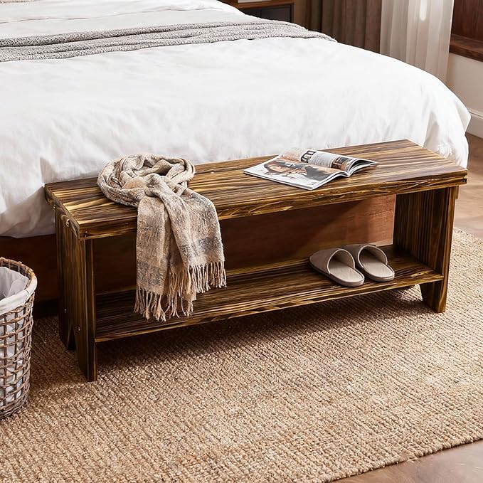 43" Solid Wood Farmhouse Bench, Entryway Bench with Storage Shelf, Vintage Long Rustic Indoor Bench for Bedroom, Entryway, Hallway, Dining