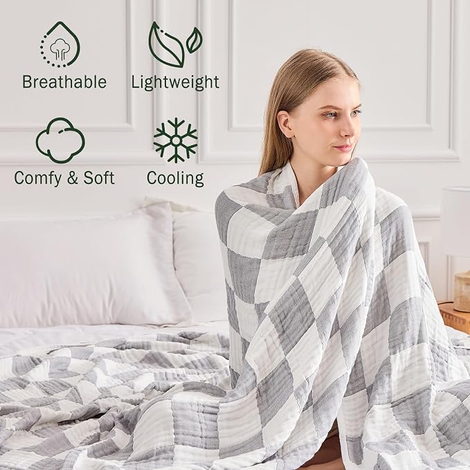 EMME Cooling Muslin Queen Blanket for Bed - Checkered Lightweight Summer Cotton Blankets of Rayon Derived from Bamboo for Hot Sleepers, Ultra Soft Breathable Gauze