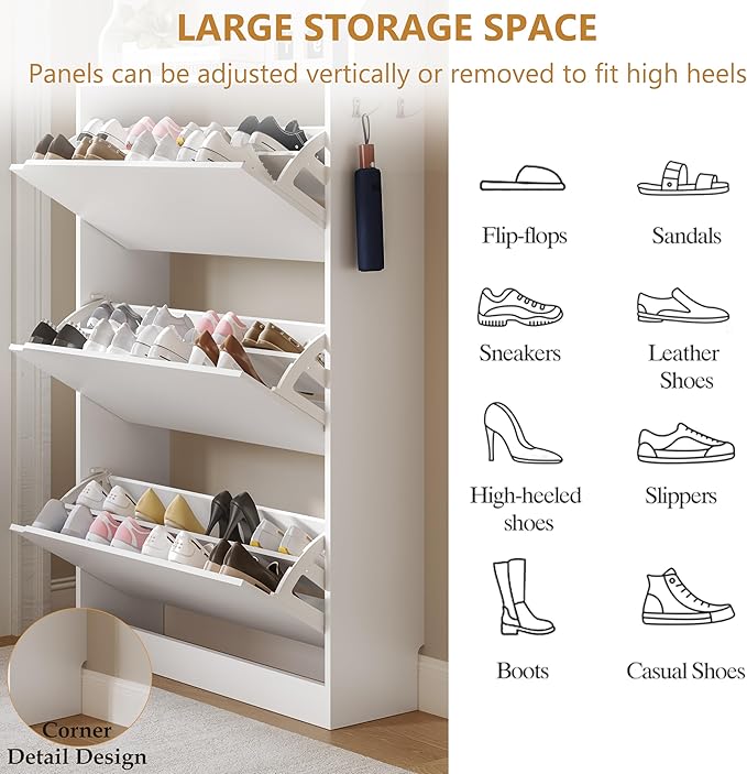 Wodeer Tall Shoe Cabinet with Coat Rack, Hidden Shoe Storage Cabinet with Doors & Drawer, Hanging Bar & Hooks, Slim Narrow Freestanding Shoe Rack Organizer for Entryway, Hallway & Living Room, White